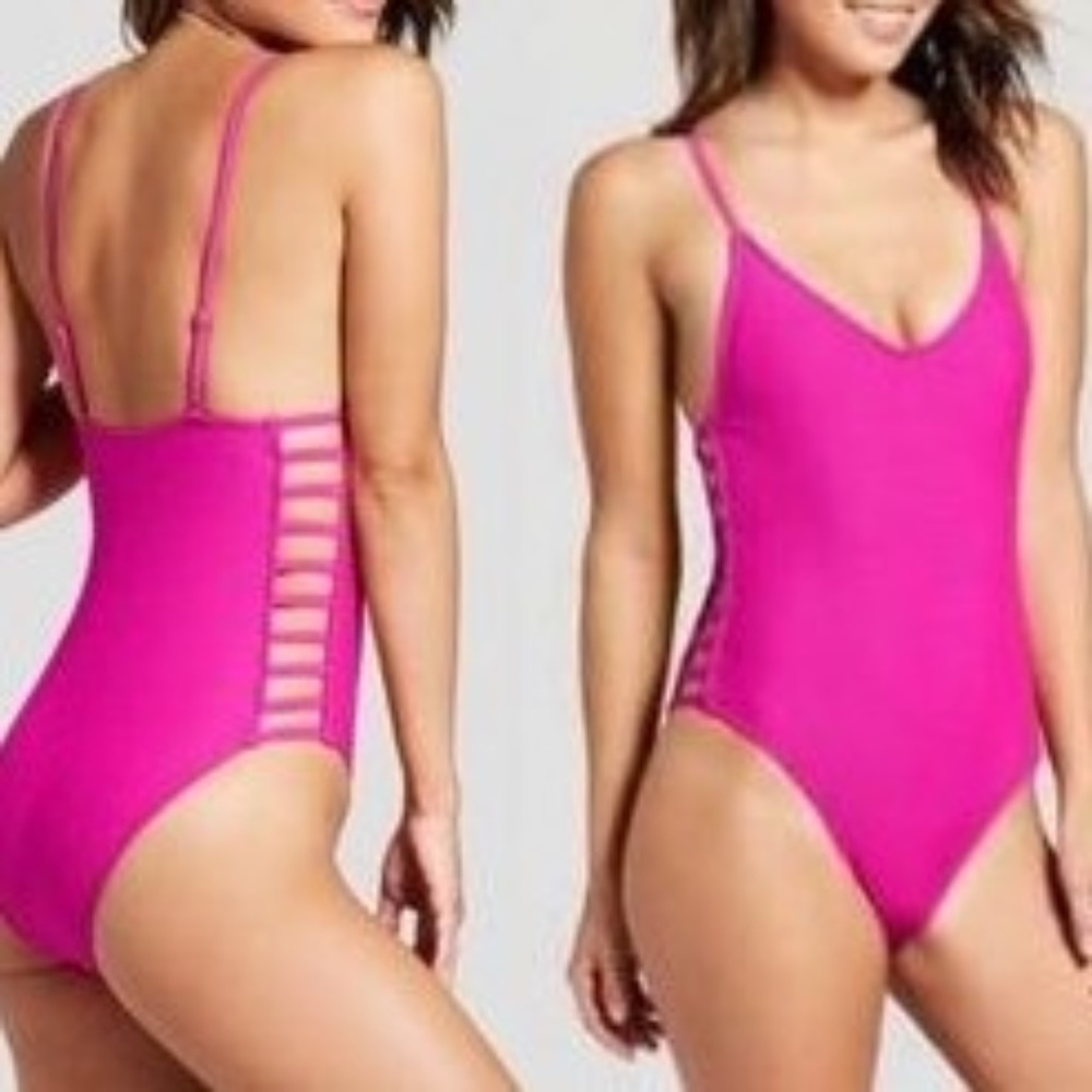 Xhileration pink  hi-leg side strap detail 1 piece